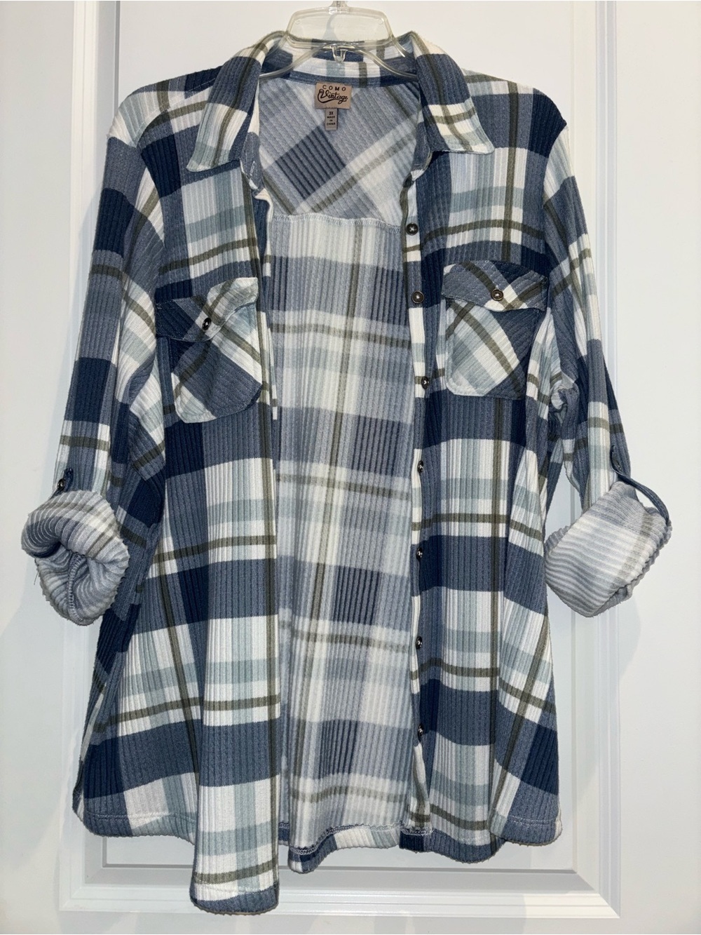 Como Vintage Blue Plaid Ribbed Shacket Shirt Jacket Plus Size 3X Soft Boho